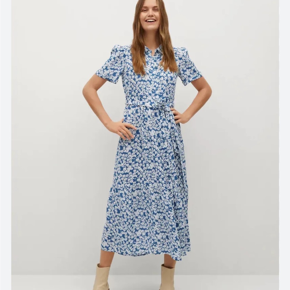 Mango Floral Blue and White Tea Length Dress